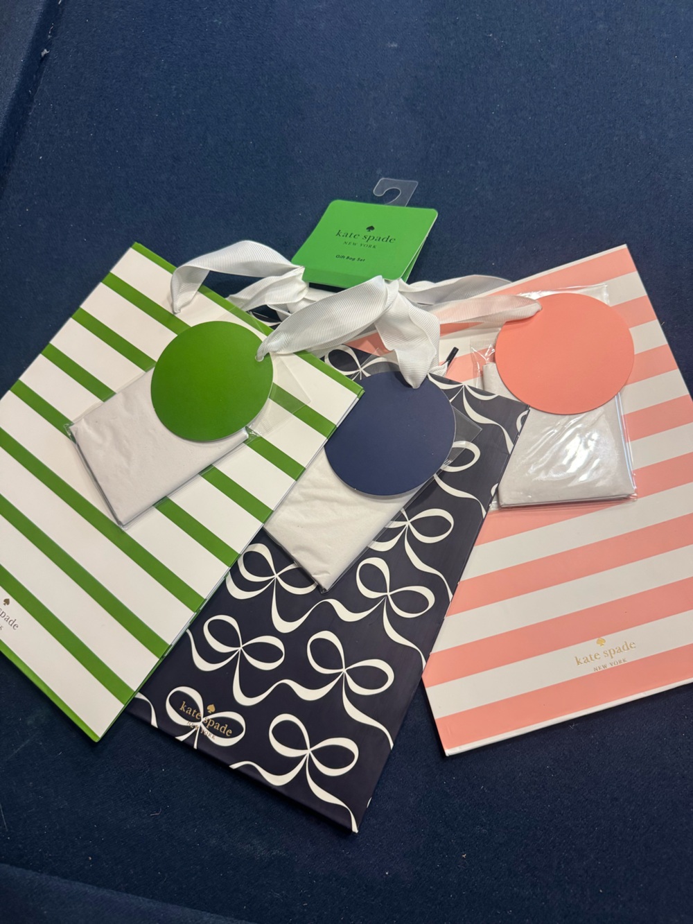 Trio of Kate Spade ♠️ high quality gift Bags withCoral, Navy &Green Tags &tissue